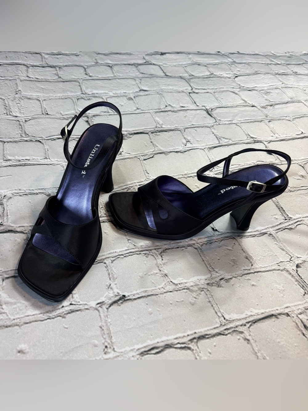Vintage Y2K Unlimited Black w/ Purple Satin Slingback Block Heels Formal Size 8